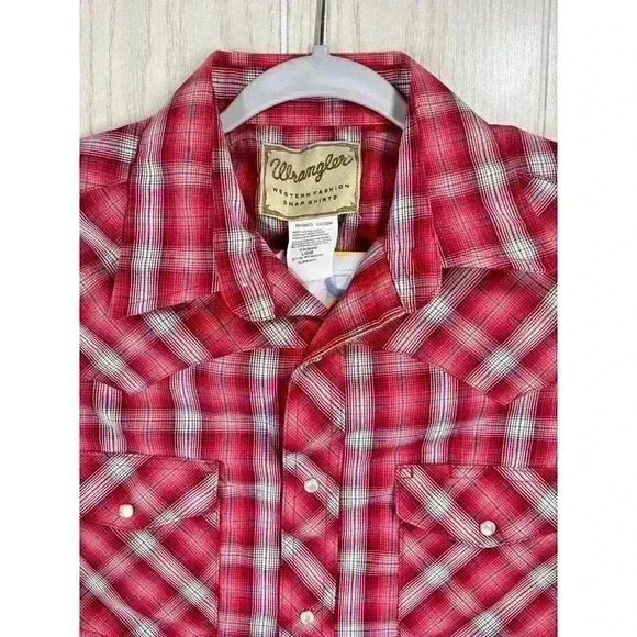 Wrangler Men’s Large Pearl Snap Red Plaid Short Sleeve Western Rodeo Cowboy VGUC - Picture 3 of 7
